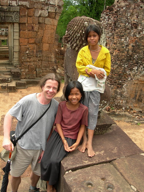 Ray with two Cambodian girls. Angkor, Cambodia.