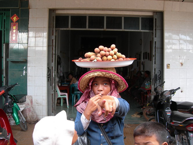 Girl selling lechi fruit. Battambang, Cambodia.