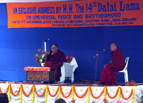 The Dalai Lama (left) with his translator (right) at a private talk in Darjeeling.