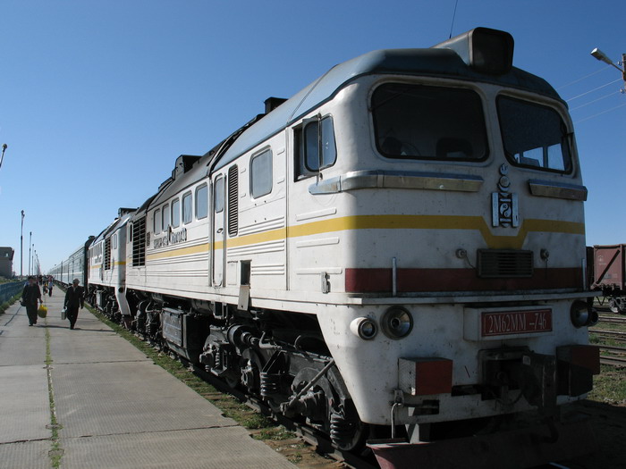 The diesel engine for our Mongolian train. The symbol on the front of the train is the Mongolian national symbol.