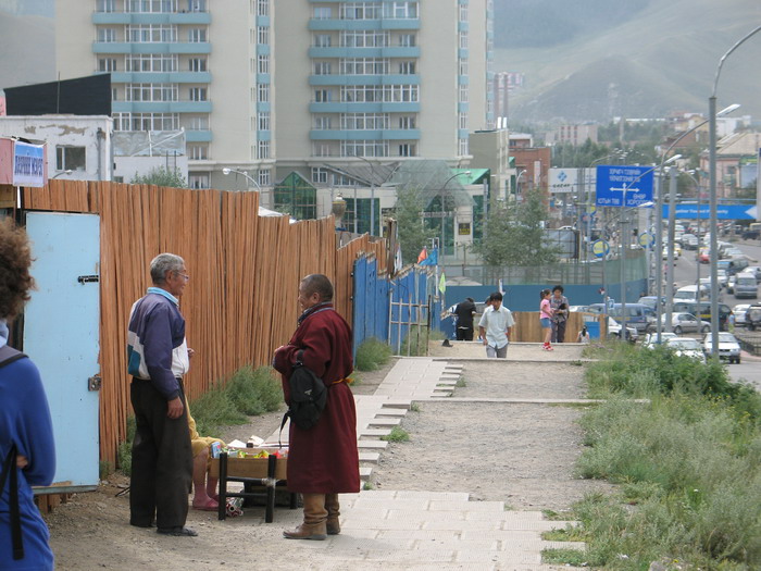 Men talking in central Ulan Bator, Mongolia.