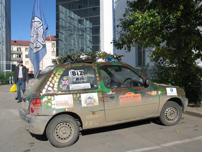 One of the cars from Mongol Rally, a car race from London to Ulan Bator, Mongolia. For more info see: http://www.mongolrally.com/