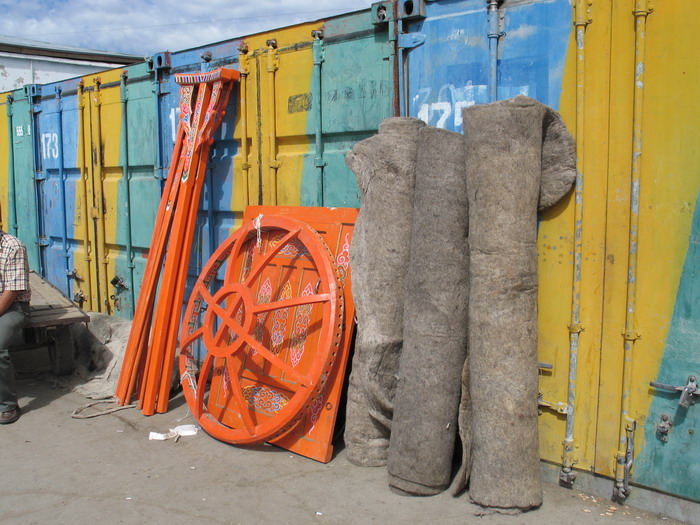 Yurt parts for sale at the big market in Ulan Bator, Mongolia.