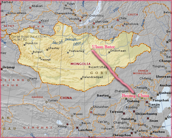 Mongolia is located between China and Russia. The Transmongolian railline connects Beijing to Moscow via Ulan Bator.