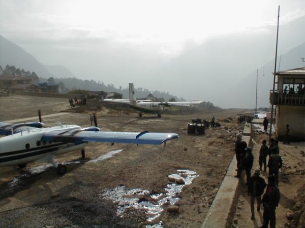 The mountain airport in Lukla has a short sloped runway at an altitude of 9,100 feet (2800m). It was our gateway to the Everest region.