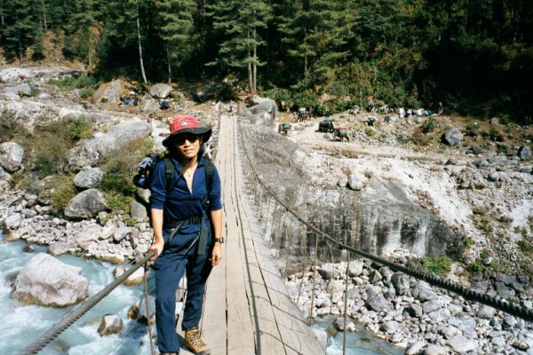 Liyang crossing one of the many suspension bridges.