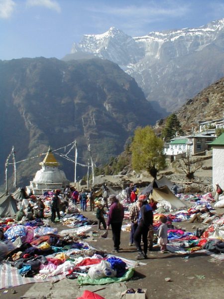 The Tibetan traders travel over the Himalaya to sell their goods in Namche Bazaar. They mostly bring cheap Chinese clothing, Tibetan rugs and yak meat.