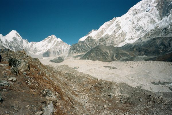 This is gray looking "riverbed" is actually the Kumbu glacier that comes from the face of Mt. Everest.