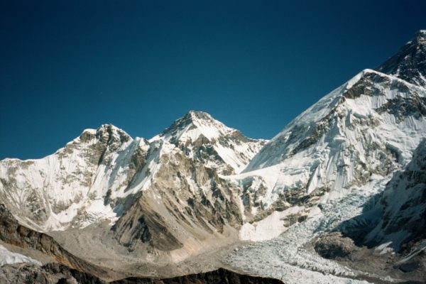 The Kumbu icefall (bottom-right). The base camp for Mt. Everest is the gray rocky band just to the left of the bend in the glacier and just above the black rock in the bottom center.