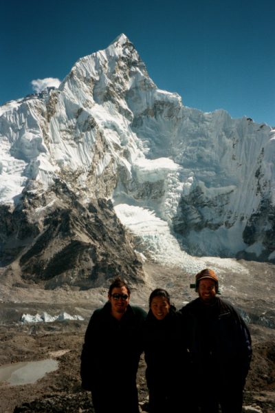 The whole crew in front of Nuptse and the Kumbu glacier.