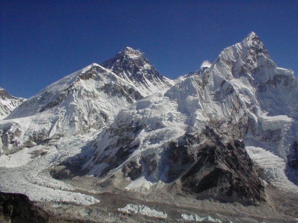 Mt. Everest (center) and the Kumbu icefall (left).