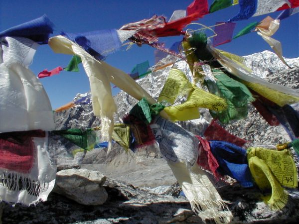 Prayer flags are left by the Sherpas at the tops of peaks and passes as offerings.