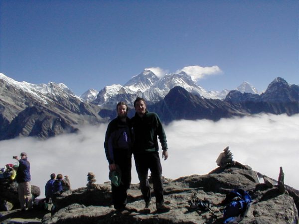 Ray and Leo on top Gokyo-ri, with Everest in the background.