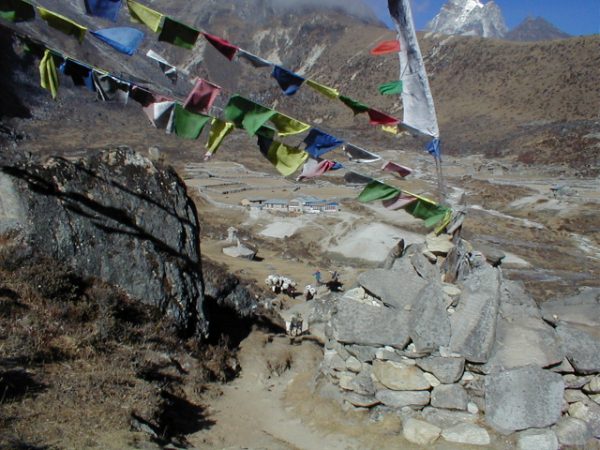 Prayer flags fly above the village of Luza.