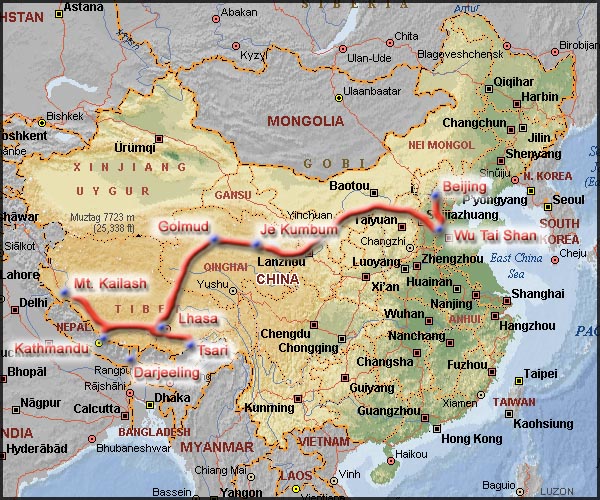 A map of China showing the travel route