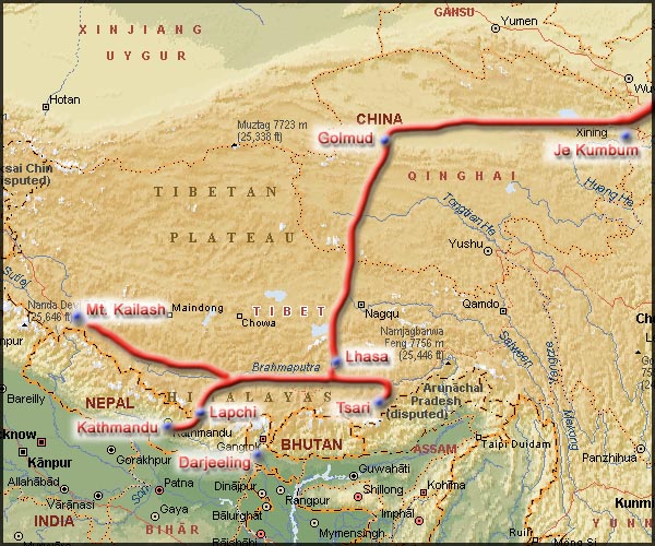 A map of Tibet showing the travel route