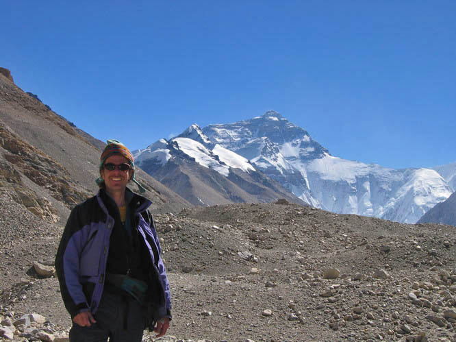 Ray in front of the north face of Everest. Central Tibet.