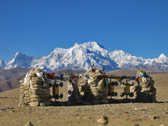 Wind powered prayer wheels in front of Mt. Shishapangma. La Lung La, Central Tibet.