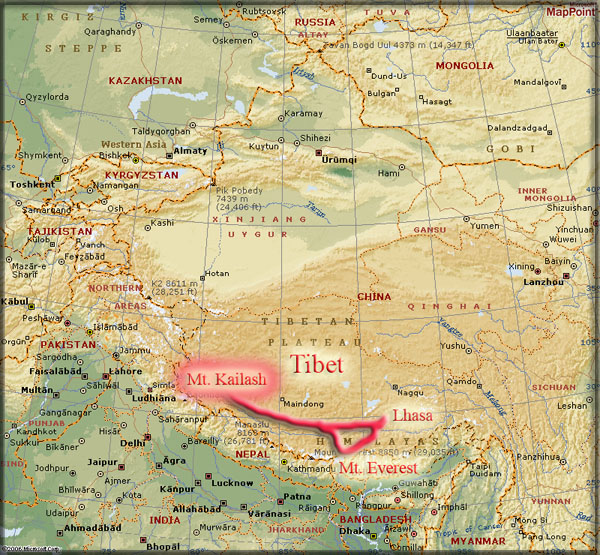 A map showing Mt. Kailash and Mt. Everest.