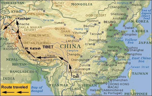 Route map for 3300 mile solo bicycle trip across Tibet