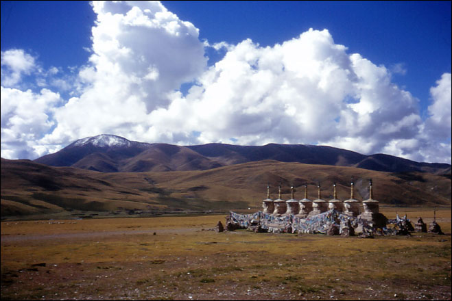 These Buddhist stupas contain the remains of a few high Buddhist Lamas. Amdo, Tibet.