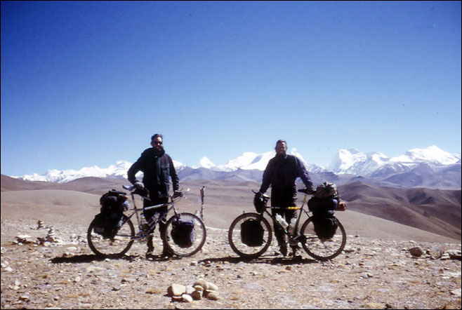 John and Ray with big smiles in anticipation of the coming 15,000 ft vertical feet (4570 vertical meters) of downhill that they are about to embark on. La Lung La, Tibet.