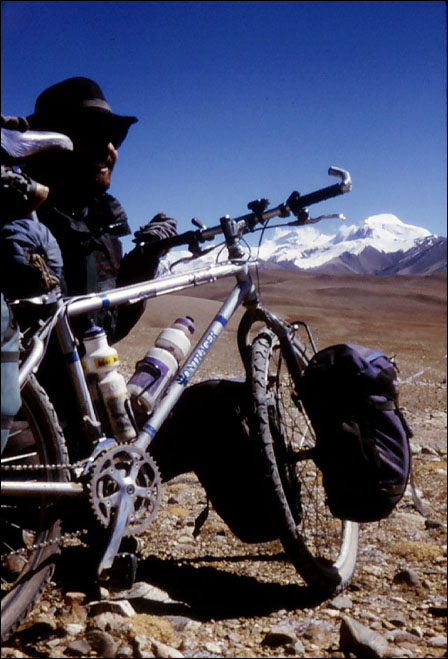 John with his trusty Bontrager mountain bike. La Lung La, Tibet.