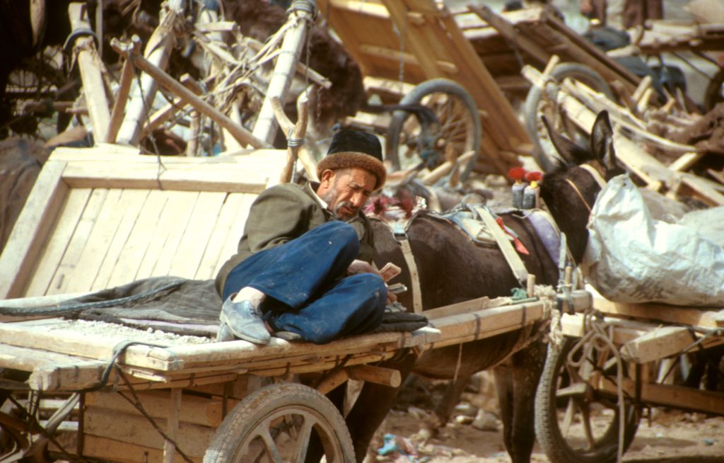 Counting money, after the market. Kashgar, Xinjiang, China.