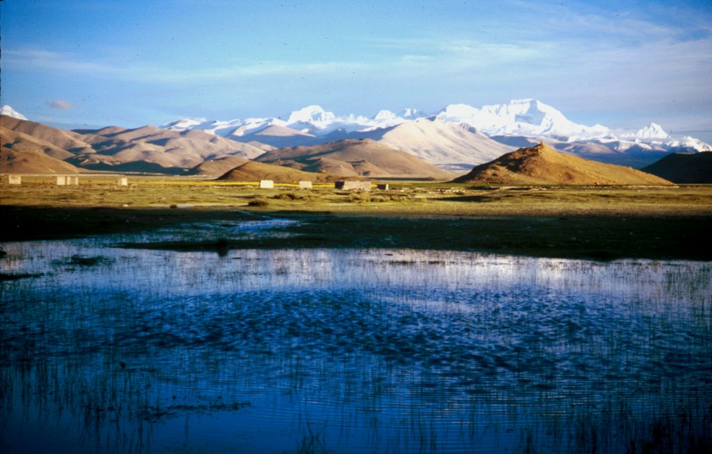 The Himalayan peaks show where the Nepal border is located. Mt Everest is on the far left hand side. Tingri, Tibet.
